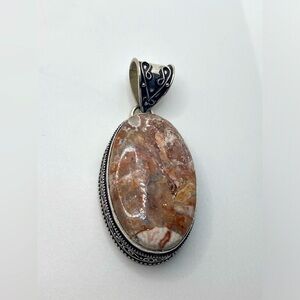 Vtg Rhodochrosite Huge Large Oval Silver Tone Pendant 2.4”